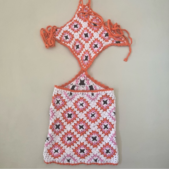 Bershka Orange White Pink Black Crochet Cutout Dress K-14 - Picture 8 of 13